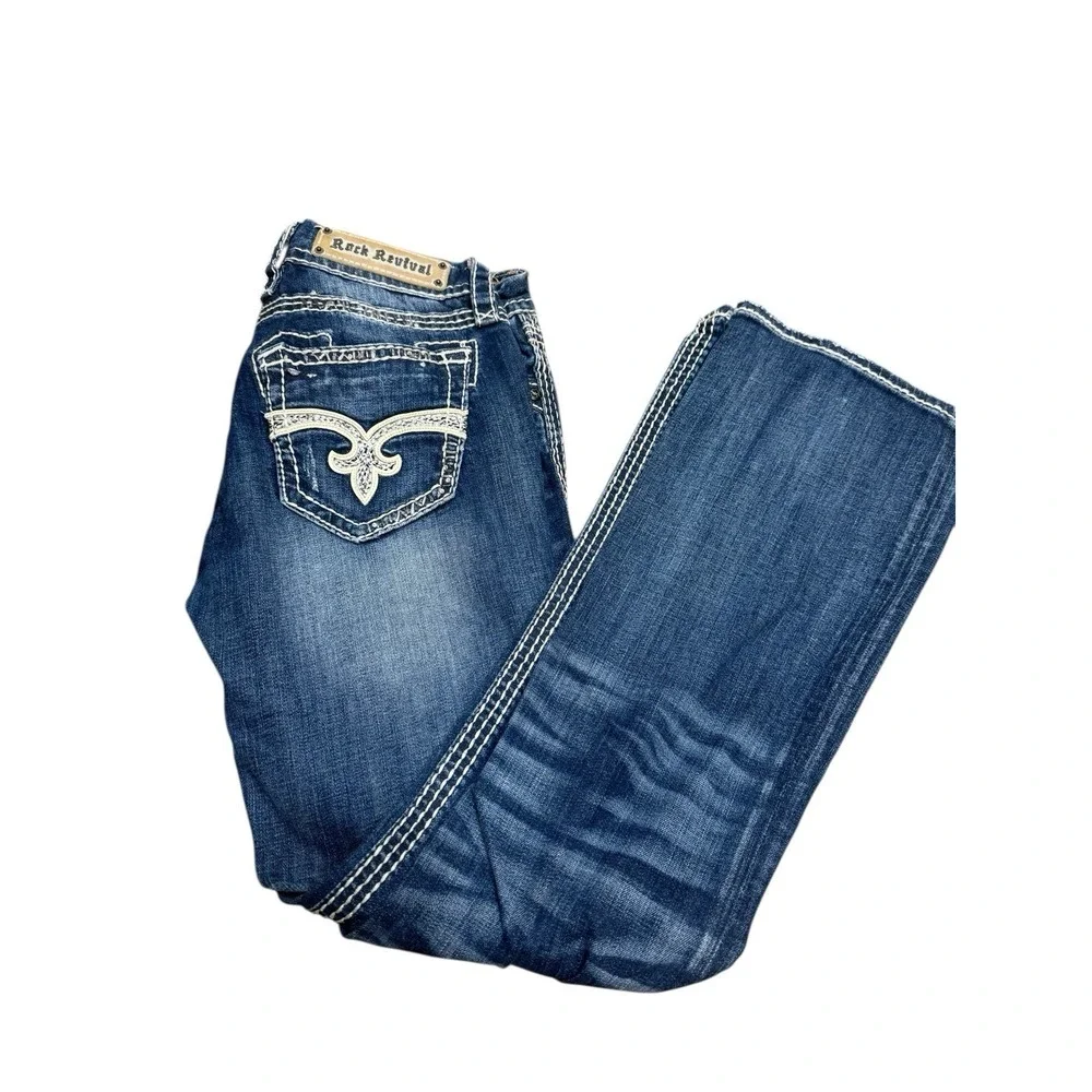 🤑Y2K‎ Rock Revival Jeans Bootcut Thick White Stitching Denim Bling Pockets 27 - Picture 3 of 9
